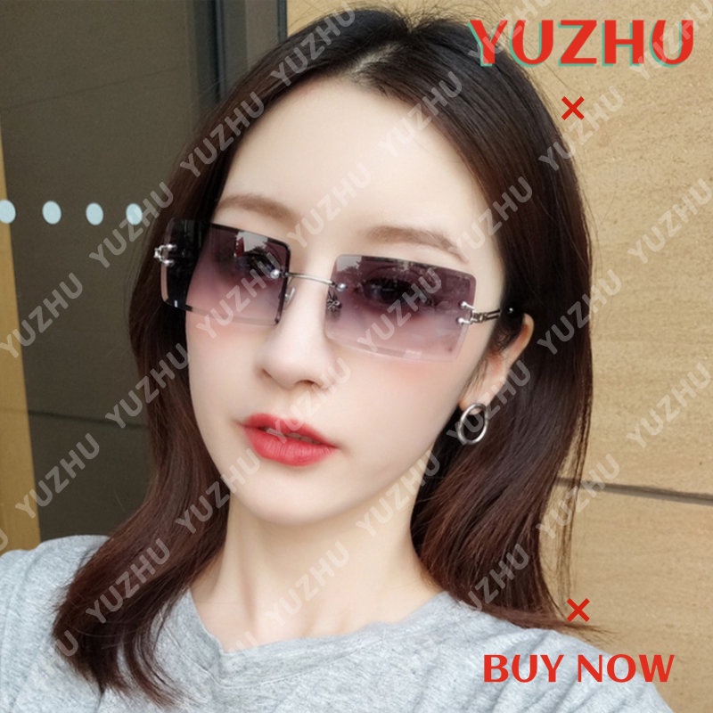 (YUZHU) Mode Baru Tanpa Bingkai Persegi Panjang Teduh Kacamata Gradien Kacamata UV400 Musim Panas Kacamata Wanita