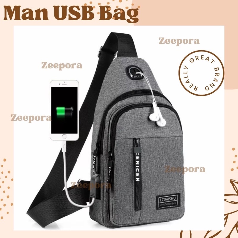 Tas pria tas cowok usb selempang waterproof waistbag dengan usb tas pria usb bag anti gores tahan air antiscretch