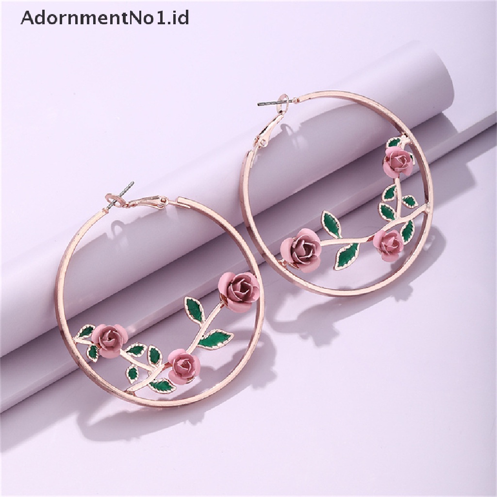 [AdornmentNo1] Wanita Bunga Hoop Anting Mawar Berongga Anting Berlebihan Bulat Perhiasan Fashion [ID]