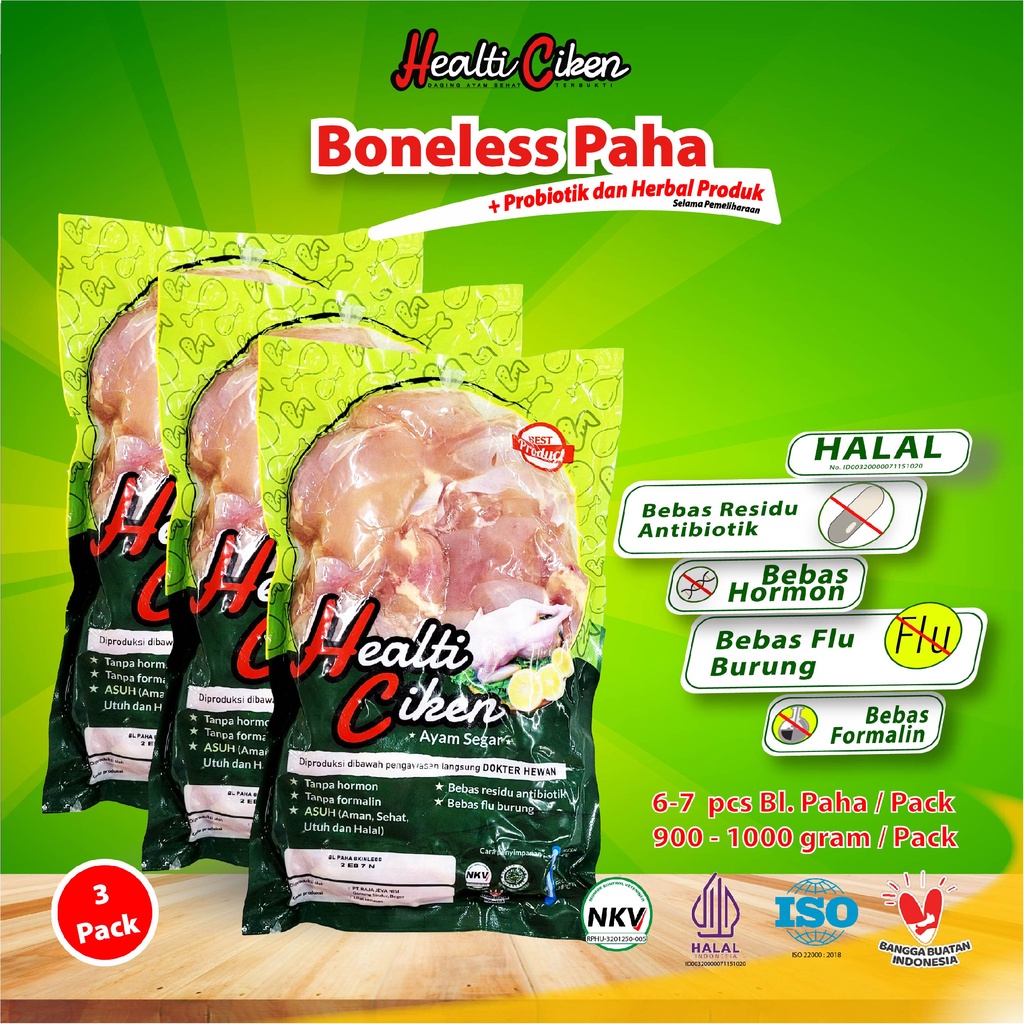 

HEALTI CIKEN Ayam Boneless Paha | Ayam + Probiotik & Herbal Produk | Daging Ayam Sehat | Healti Ciken |0.9-1 kg / Pack | 3 Pack