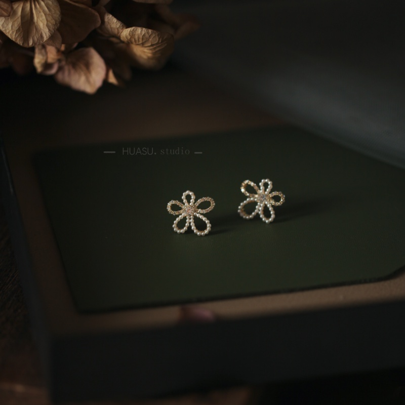 S925 Perak Disepuh Mutiara Zirkon Bunga Anting Ear Studs Untuk Wanita Gadis Fashion Perhiasan