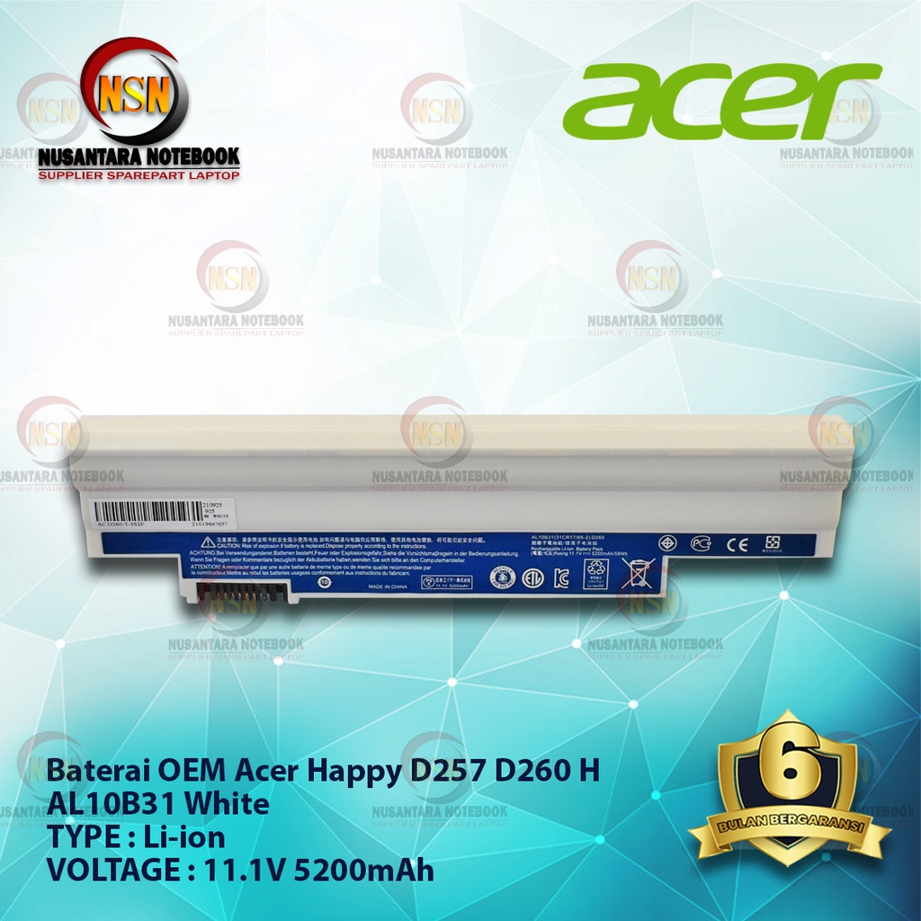 Baterai OEM Acer AL10B31 For Aspire One 522 722 D260 11.1V 5200mAh White