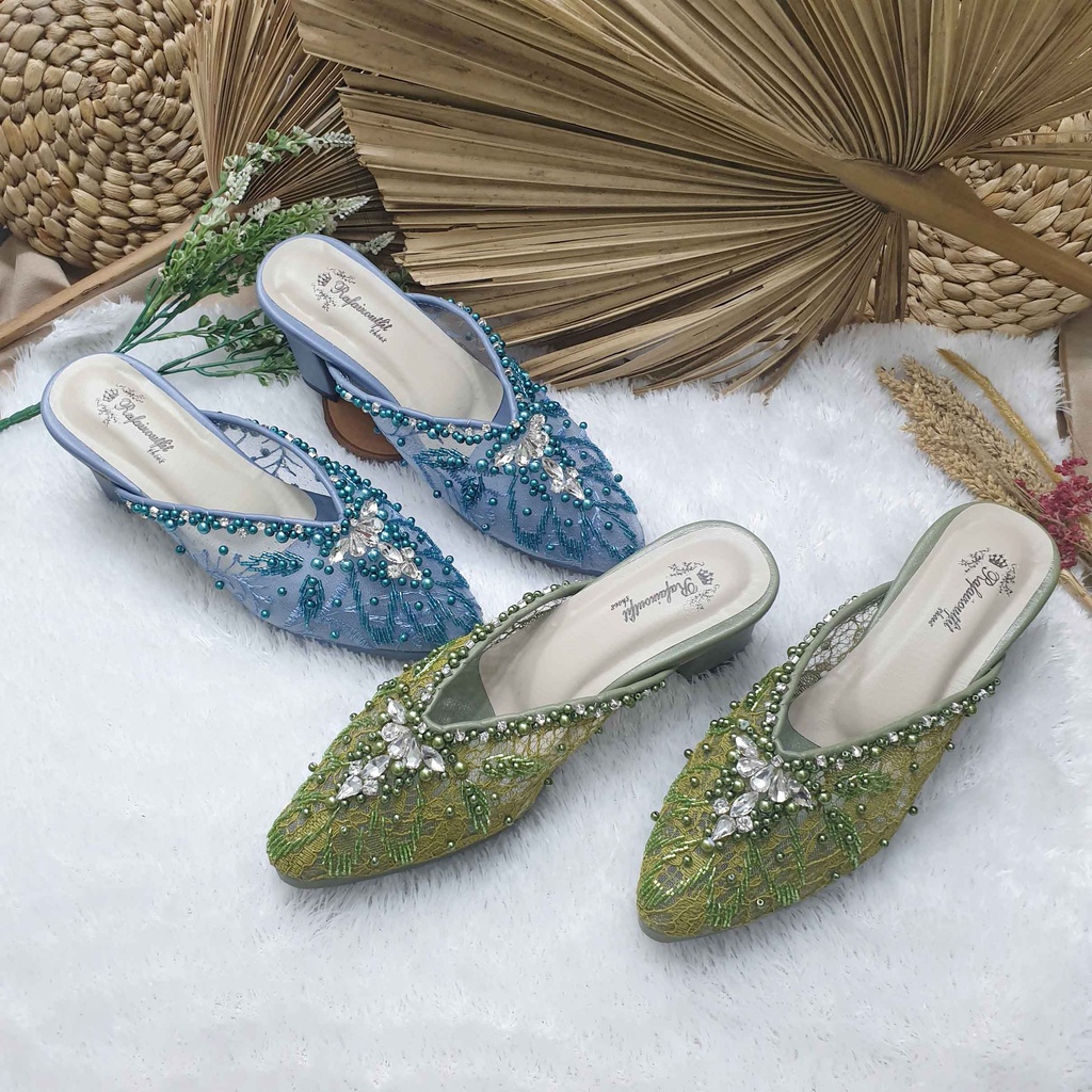 Sepatu wedding pesta cantik alena iceblue &amp; olive hak tahu 5/7 cm