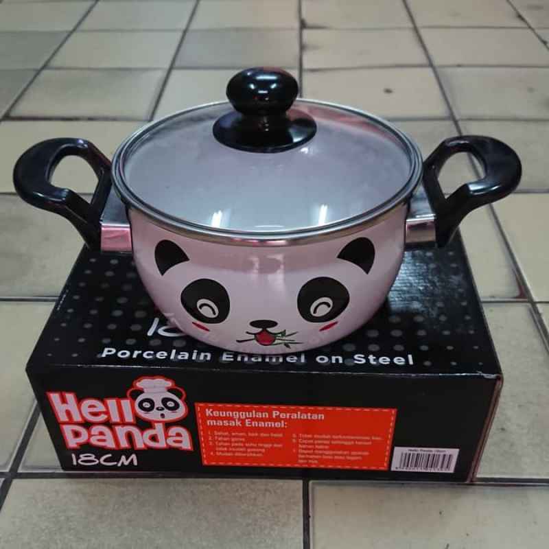 MASPION PANCI ENAMEL 18 CM / 22 CM HELLO PANDA TUTUP KACA