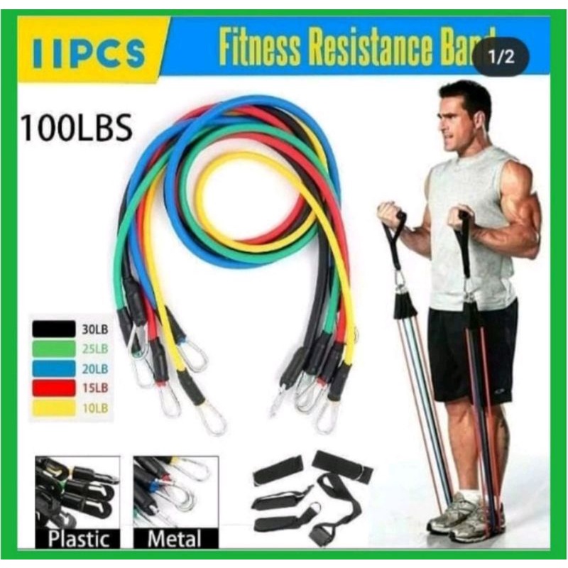 RESISTANCE BAND PRO SET 11 IN 1 ALAT BANTU FITNESS GYM YOGA PILATES