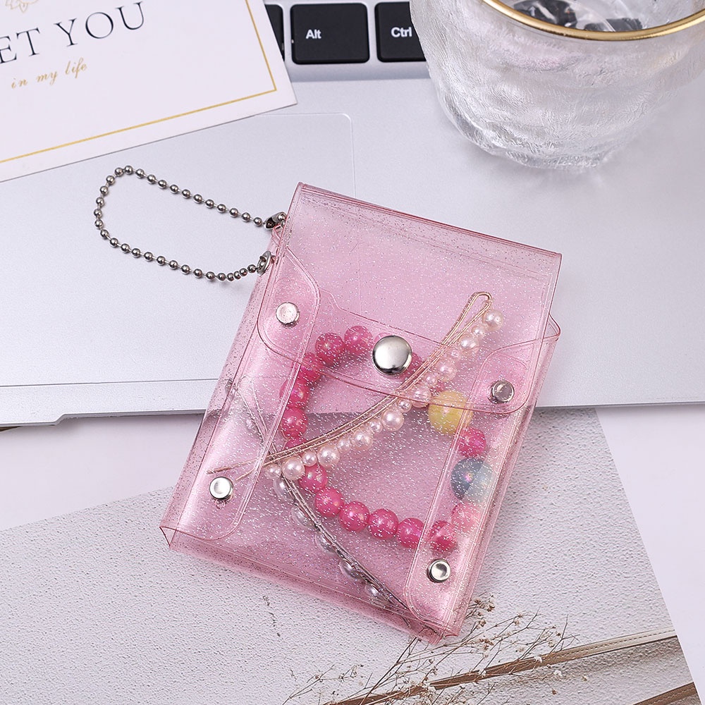 Fashion Kawaii Sequin Mini PVC Transparan Anti Air Foto Kartu Dompet Koin Pink Kosmetik Lipstik Tas Gantungan Kunci Uang Organizer Pouch