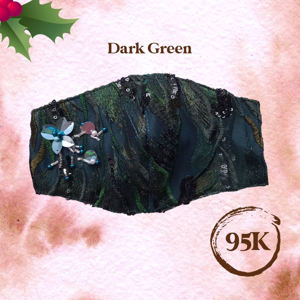 Masker Kain PREMIUM 3 Ply | Satin Dark Green Payet/Hijau Emerald