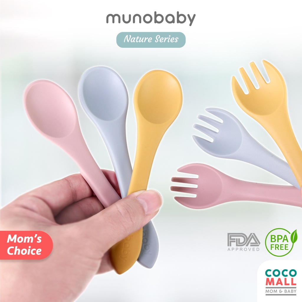 COCOMALL Sendok Silikon Bayi Mpasi (Nature Series) - Sendok Makan Anak 1 Tahun - Sendok Garpu Set Anak Balita - Alat Makan Bayi Silicon - Baby Spoon Silicone BPA Free