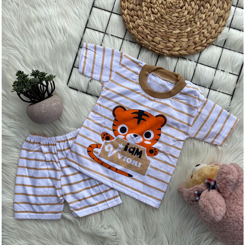 stelan baju bayi laki laki perempuan lucu murah motif MACAN SALUR PENDEK 3-12 bulan