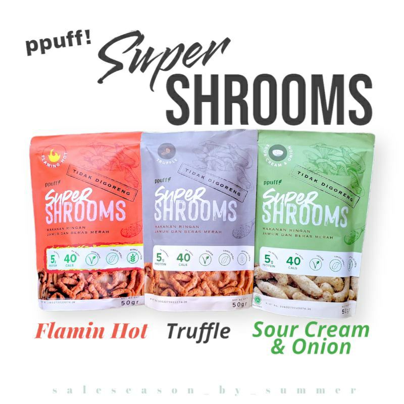 Super Shrooms Ppuff! 50Gr Snack Panggang Sehat Vegan Non MSG Low Fat Cemilan Diet Sehat Snack Jamur Vegan