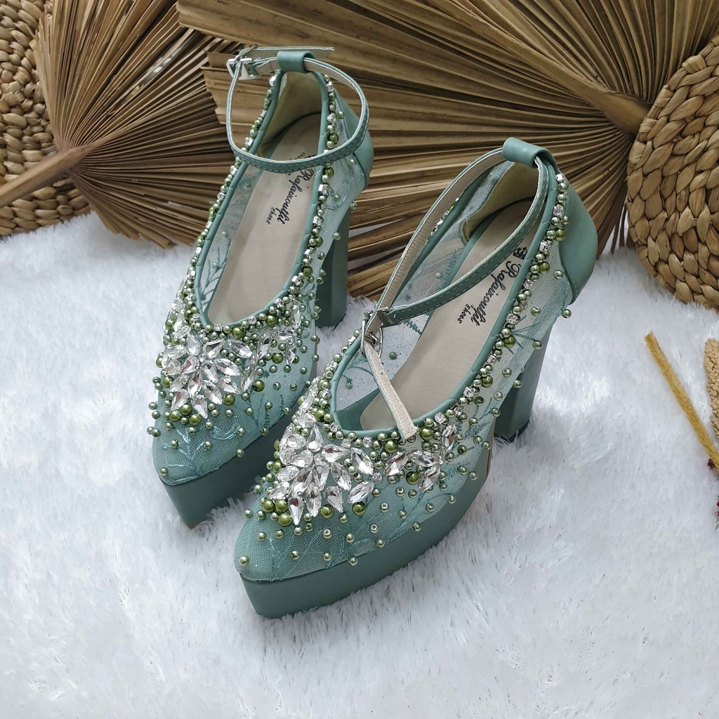 Sepatu wedding pesta cantik payet mewah Dhira sage tinggi 12cm