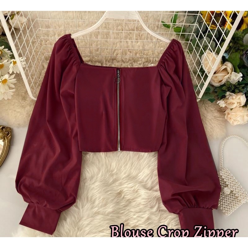 Outer Zipper Crop Top Balon Atasan Casual Wanita Korea