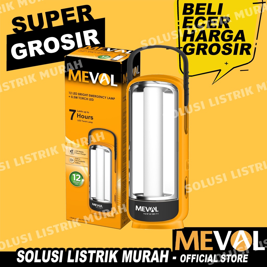 MEVAL 12 BRIGHT LED EMERGENCY LAMP + SENTER Cas Charge Baterai Isi Ulang - PUTIH