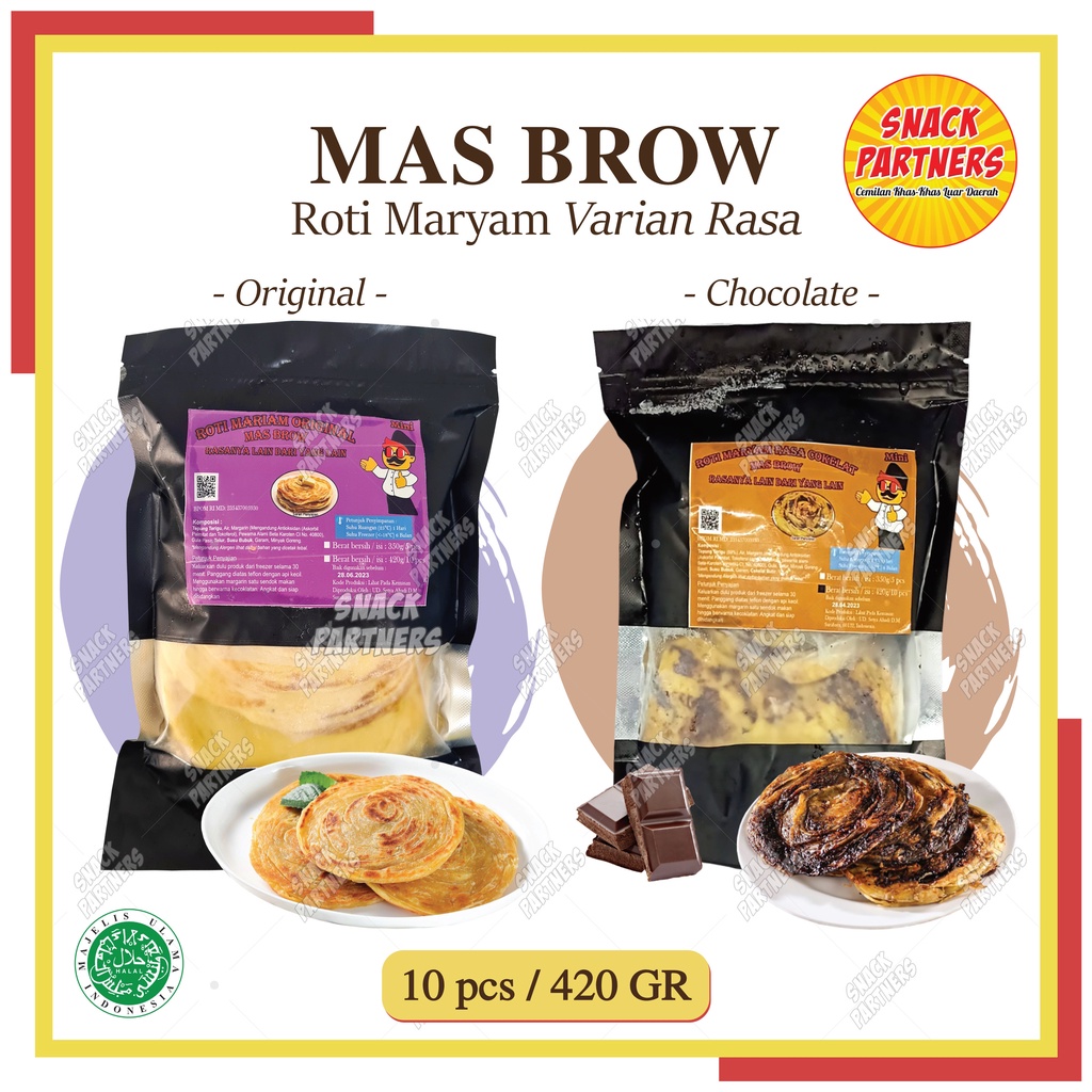 Roti Maryam Mini - MAS BROW 10 PCS / 500 GR Canai Cane - FROZEN FOOD - Plain Original Chocolate Cokelat Coklat Choco Keju Cheese