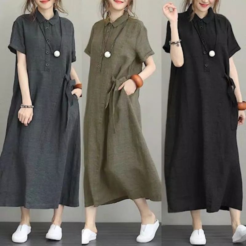 Rana dress/Dress midi wanita lengan pendek linen model korea