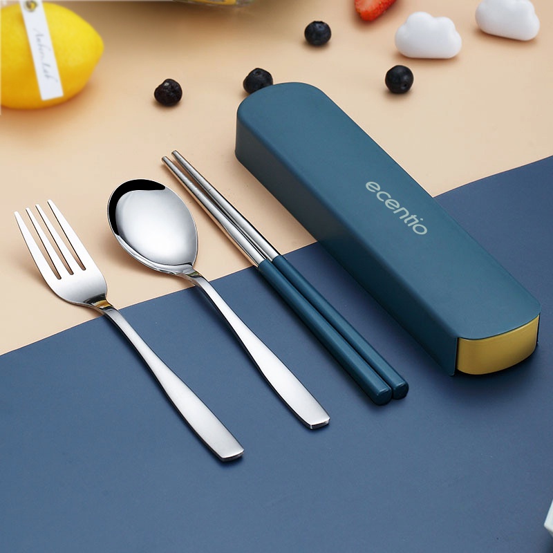 ecentio 2/3Pcs Stainless Steel Sendok Garpu Set Alat Makan Makan Dengan Sumpit Spoon  Sendok Makan