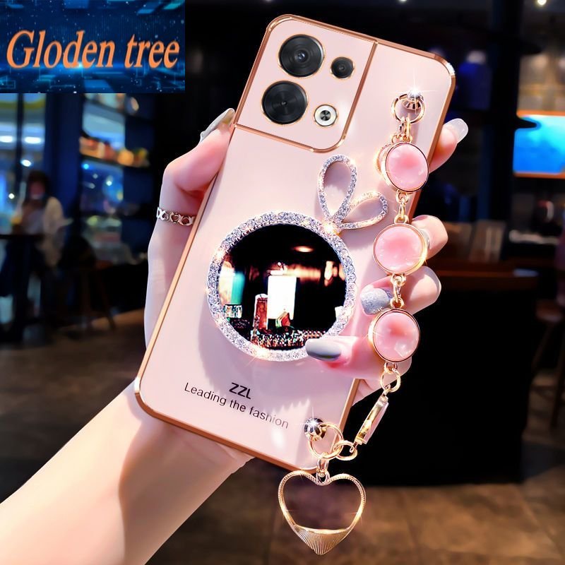 REALME Casing Ponsel Pohon Gloden Untuk OPPO Realme8 8Pro 8i 9i 9Pro V25 9ProPlus 9 4G Shell Rabbit Vanity Mirror Dengan Gelang Permata