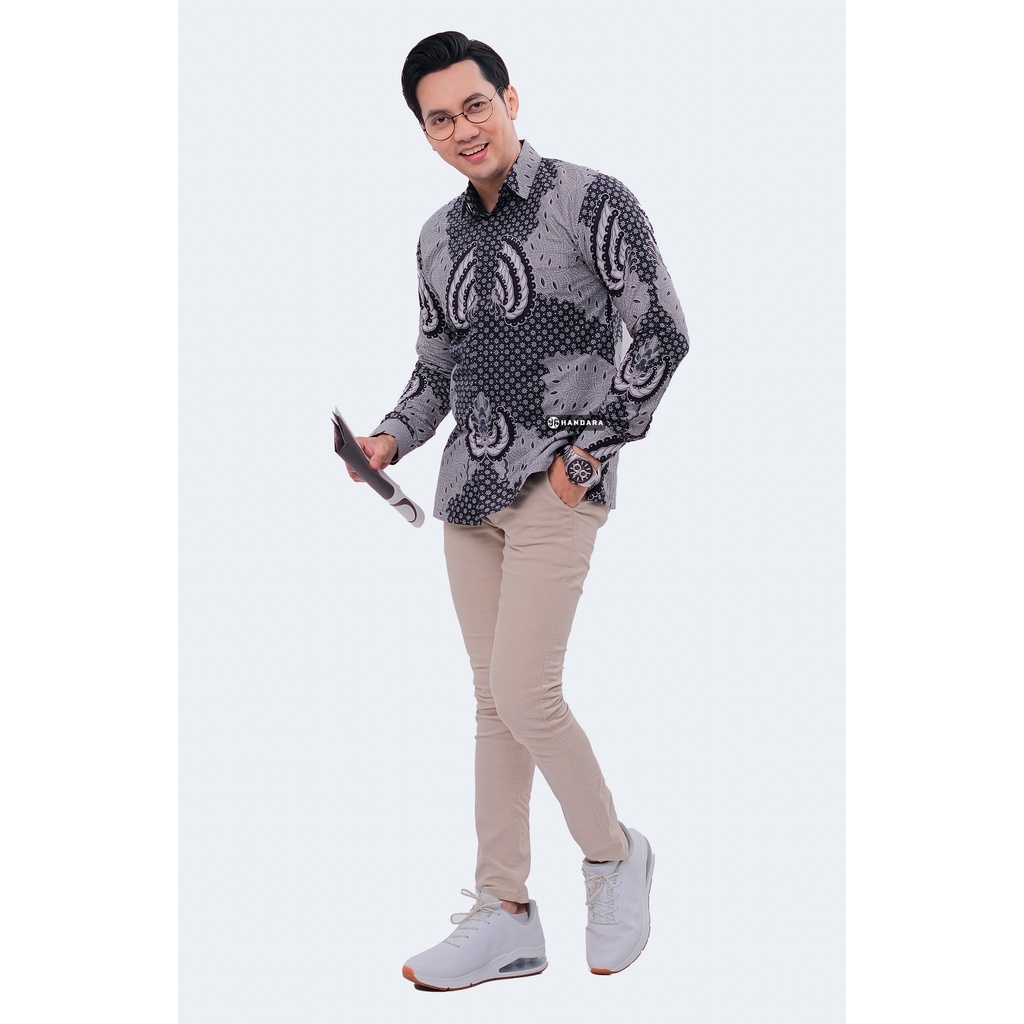 Baju Kemeja Batik Pria Lengan Panjang Slim Fit Premium Modern Full Furing Katun Halus Original Handara Motif Kapal Kandas Abu HB-308