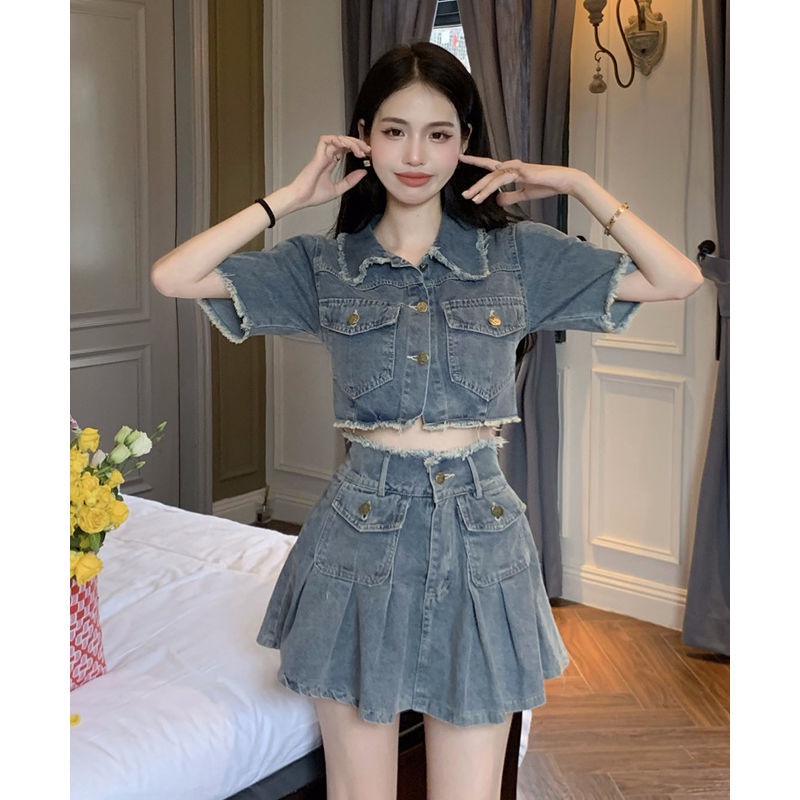 Red Retro Dicuci Mentah Tepi Kemeja Pendek Setelan Denim Wanita Musim Panas Pinggang Tinggi Rok Rok Pendek Ceruk Set Dua Potong