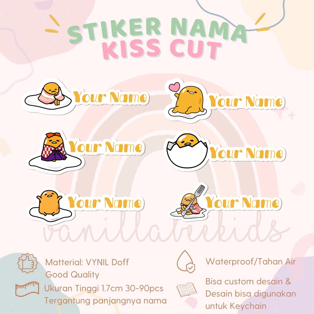 

Stiker Kiss Cut GUDETAMA Label Nama Waterproof Tahan Air