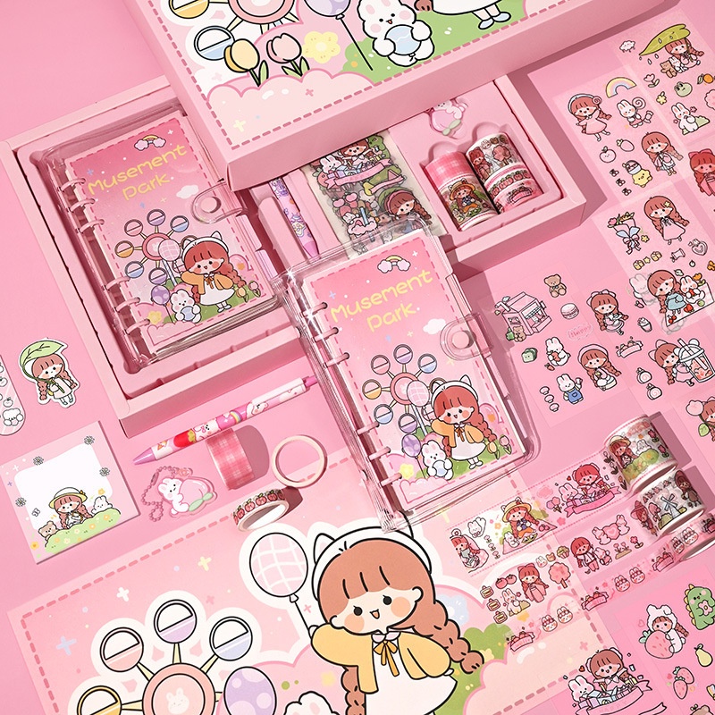 

Gift Box Set Planner Book Sticker Notebook Pen Binder 6 Ring Sakura Girl Kado Spesial B006