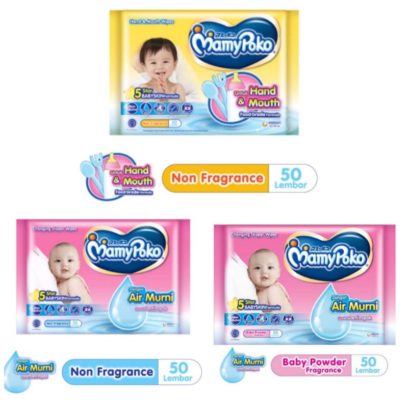 MAMYPOKO Baby wipes dengan air murni 50s tisu basah non fragrance aroma baby powder hand and mouth
