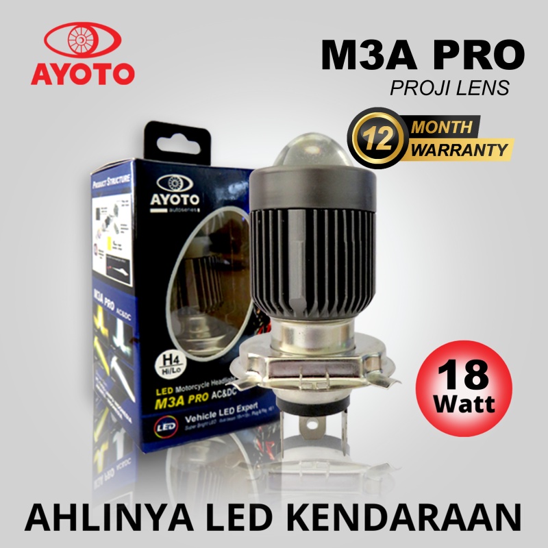 LAMPU LED UTAMA MOTOR PROJECTOR LASER AYOTO M3A PRO H4 HI/LO AC DC PNP