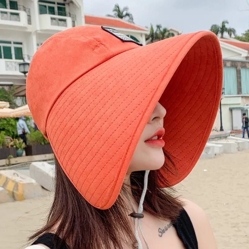 topi pantai wanita korea lebar pinggir anti uv praktis bisa di lipat/gulung imprt