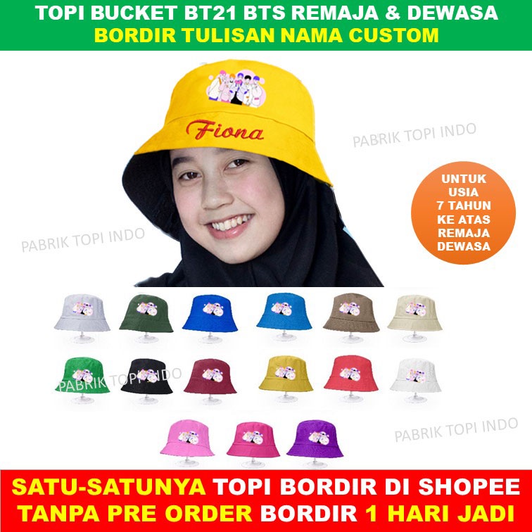 Bucket Dewasa KPOP BTS Korea BT21 Topi Custom Bordir Nama Untuk Remaja Usia 7 Tahun ke atas