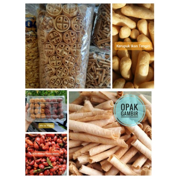 

Snack serba 18rb ikan tenggiri, opak gambir, goyang, kulit melinjo dan carang mas