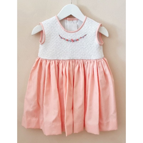 Pretty Stitches - Baju Anak, Full Smocked Dress, White - Pastel Peach,  Size 9 Months