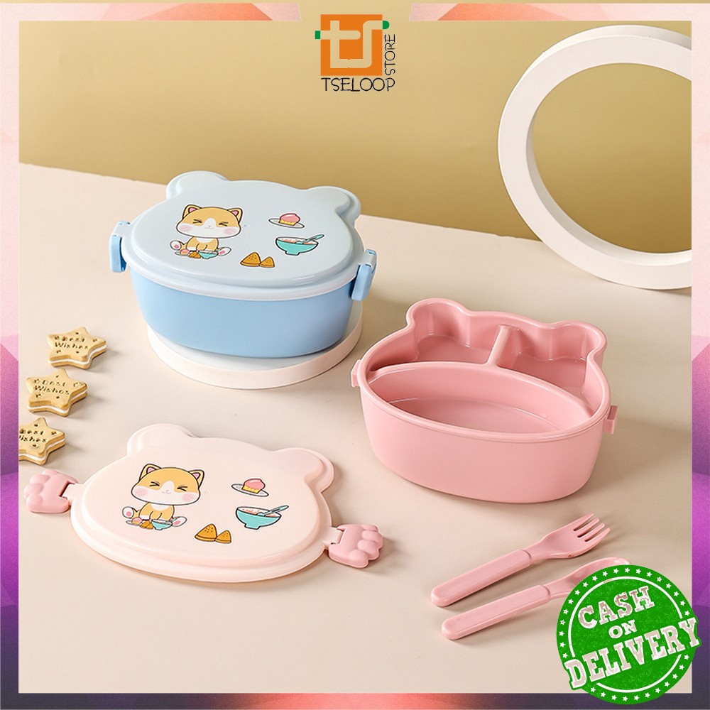 OFM-C777 Kotak Bekal Anak Set Sendok Garpu Motif Cartoon Lucu Lunch Box / Tempat Makan tingkat Anak Karakter Kucing BPA FREE