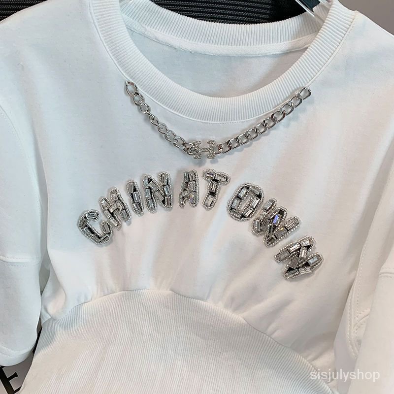 #Sisjuly# Gaun kaos lengan pendek tipis rantai huruf berlian gaya Prancis baru wanita pinggang model