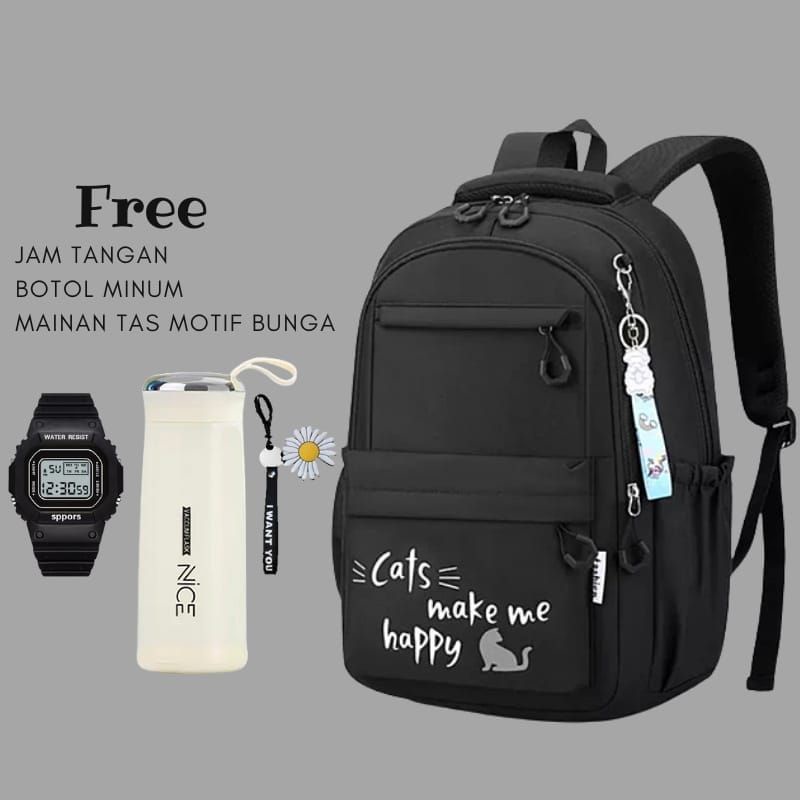 Tas Ransel anak Sekolah SD SMP 3 IN1 Motif CATS Free Jam Tangan Dan Botol Minum