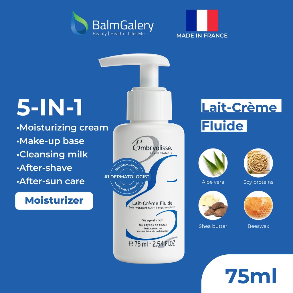 Embryolisse Lait-Creme Fluide 75ml - Miracle Cream Fluid 5 IN 1 : Pelembab Moisturizer Wajah + Makeup Cleanser Remover + Makeup Base Primer + Suncare + Cream After Shave - Rekomendasi MUA dan Artist Hollywood - 1x