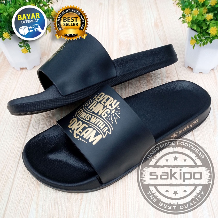 PROMO 1.1 NEW YEAR SALE !! SANDAL DISTRO KEREN KEKINIAN PRIA DEWASA REMAJA SLIDE HITAM EMAS MOTIF TULISAN MOTIVASI / SENDAL SLIDE MURAH TERBARU / SAKIPO