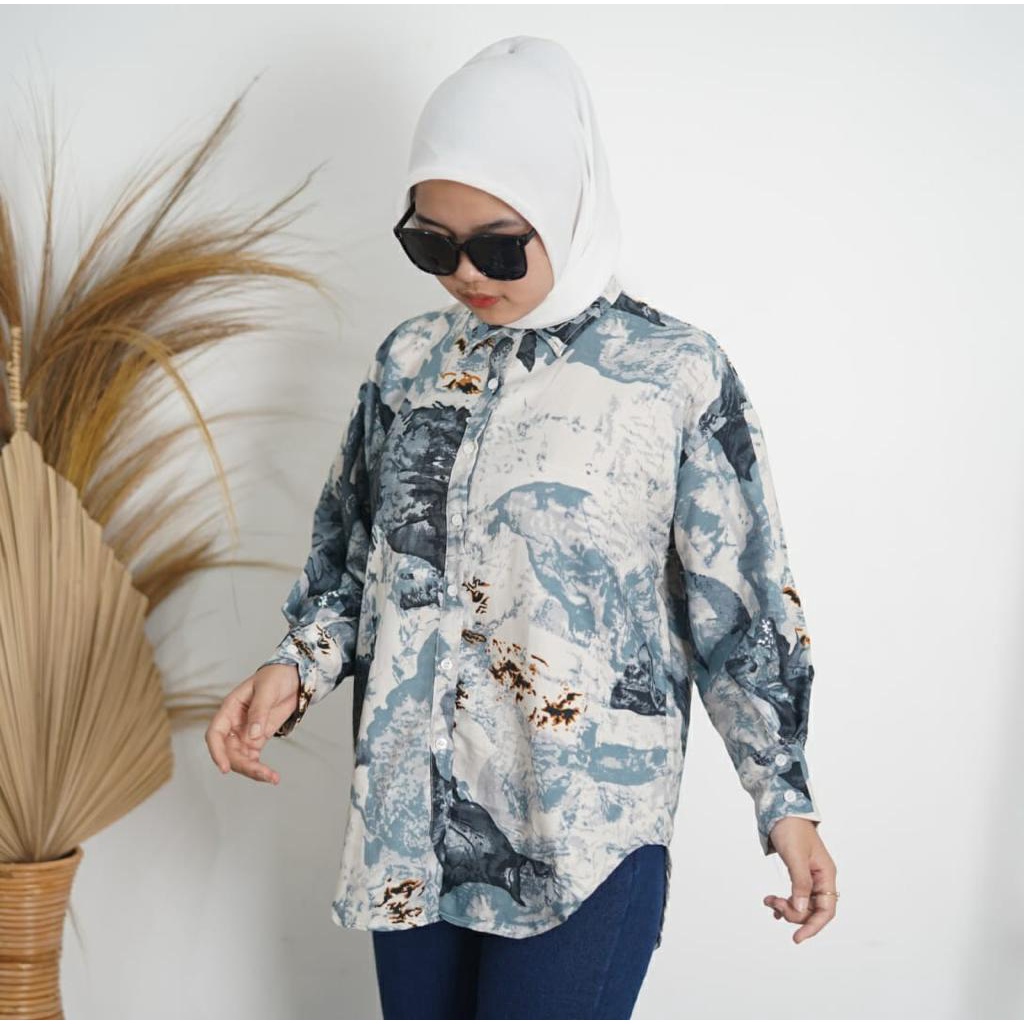 BEFAST - ZFS OOTD KEMEJA ANA / OVERSIZE SHAKILA ABSTRAK KEMEJA MOTIF ICEBERG / Kemeja Motif Abstrak Trend / Atasan Wanita Lengan Panjang / Kemeja Oversize Keluaran Terbaru / Pakaian Wanita Remaja ABG / Fashion Kekinian Wanita Ala Style Korean