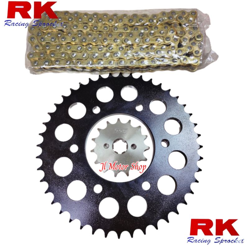 GIR GEAR SET GEARSET 428 MEGAPRO TIGER VERZA GL PRO CB150 CBR150 R VIXION R15 XABRE JUPITER MX KING BYSON JUPITER Z MX VEGA R RR F1ZR RXKING RX KING RXZ CB CBR 150 GEAR DEPAN SSS BELAKANG RK TAKASAGO + RANTAI GOLD 428 GIRSET GEAR SSS + RK