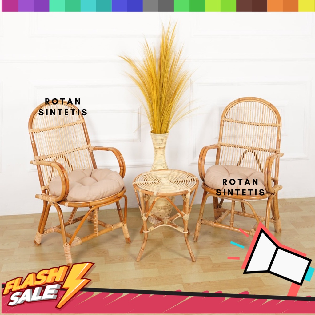 Kursi Teras Pengki Rotan Dan Bantal / Kursi Tamu Santai Rotan / Kursi Rotan Minimalis Finishing