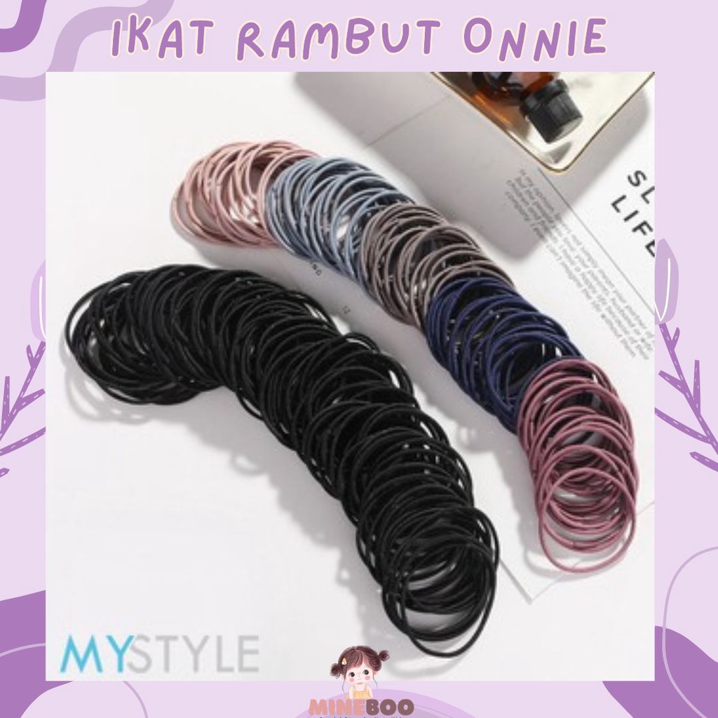 mineboo - IKAT RAMBUT ONNIE 100pcs + pouch ikat rambut karet polos warna-warni anak dewasa import ala korea