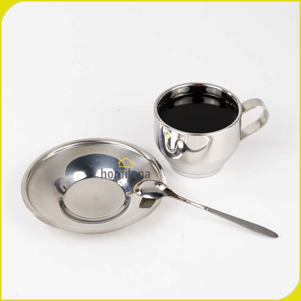 One Two Cups Set Cangkir Sendok Piring Kopi Stainless Steel - 201