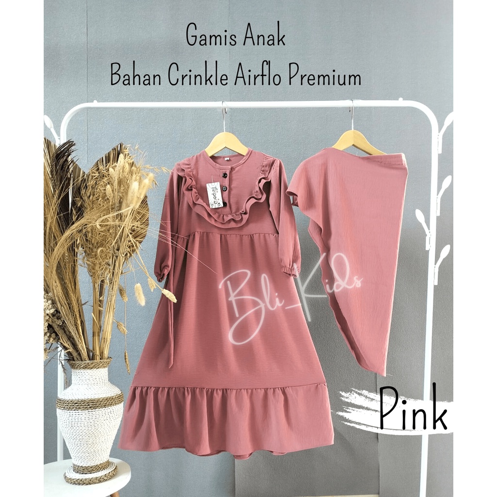 Gamis anak perempuan terbaru bahan crinkle premium airflo free kerudung usia 3-12 tahun
