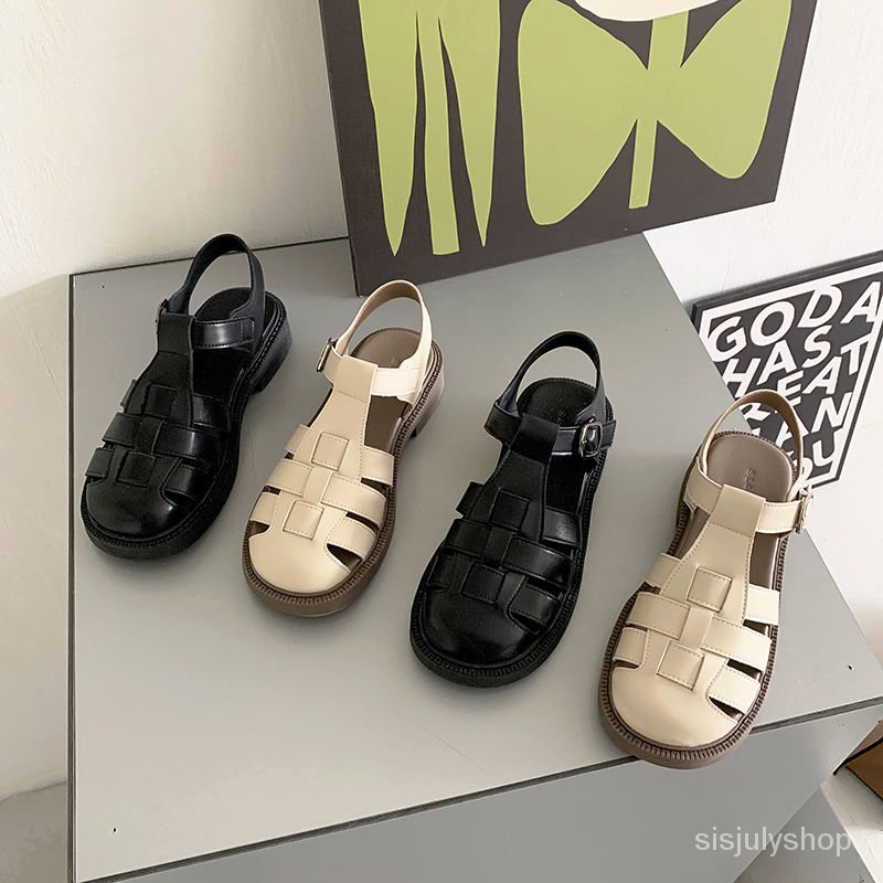 #Sisjuly# Sandal kepala tas wanita sandal baru sepatu piggyback sepatu datar wanita anyaman sepatu r