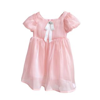 Dress Anak Perempuan Fashion Korean Style - Satin Pink Pita Mutiara Lengan Balon