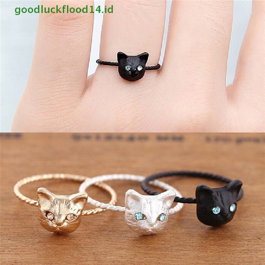 [GOOGFOUR] 1pc Wanita Mini Indah Kucing Berbentuk Cincin Berlian Imitasi Studd Ring Hitam Emas Perak [TOP]