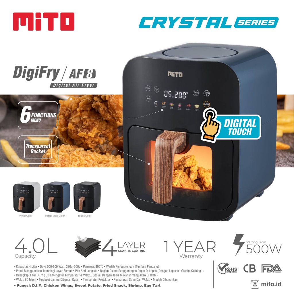 Mito Air Fryer AF8 Kapasitas 4 Liter | Penggoreng Menggoreng tanpa Minyak Mitochiba Wadah Transparan Garansi Resmi