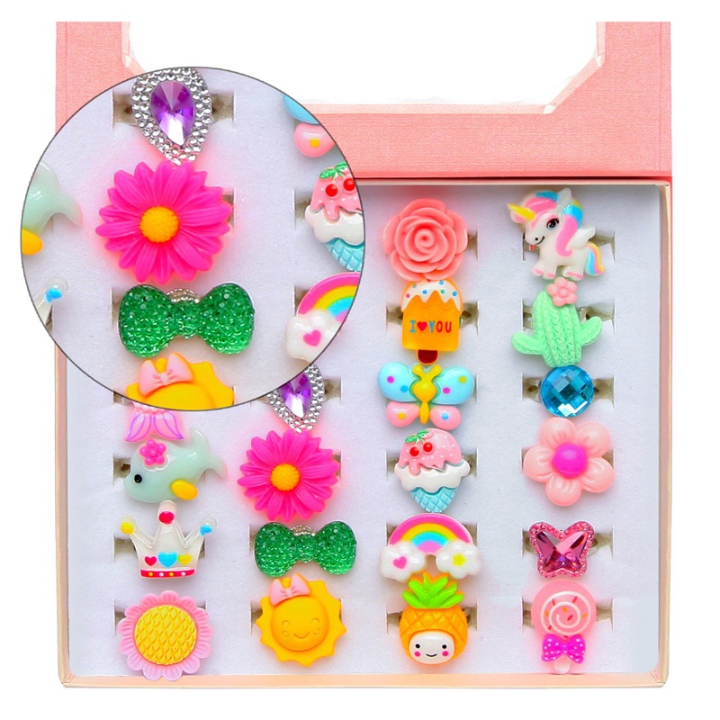 24pcs/set Cincin Kartun Anak Bunga Hewan Adjustable Alloy Kids Ring