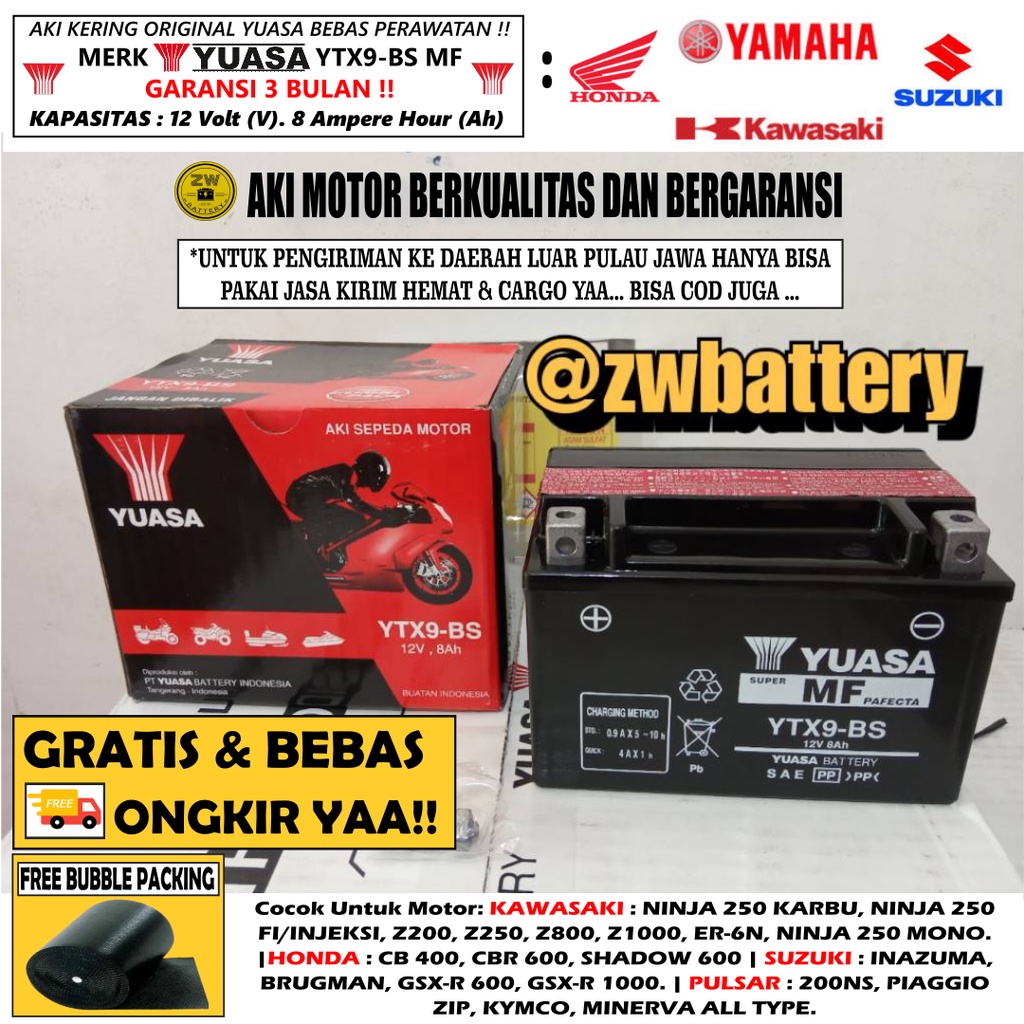 Aki Motor Pulsar 200NS, Piaggio ZIP, Minerval All Type YTX9-BS YUASA ORI