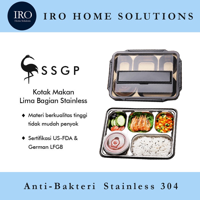Lunch Box Ssgp Kotak Makan Lima Bagian Stainless Steel 304 Kapasitas 2000 Ml