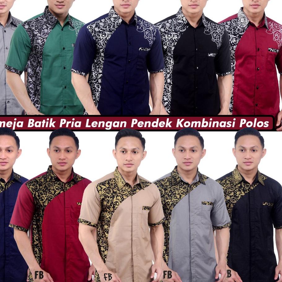 ZAF406 Kemeja Batik Pria Kombinasi Polos - Baju Batik Pria Kombinasi Polos Lengan Pendek |||